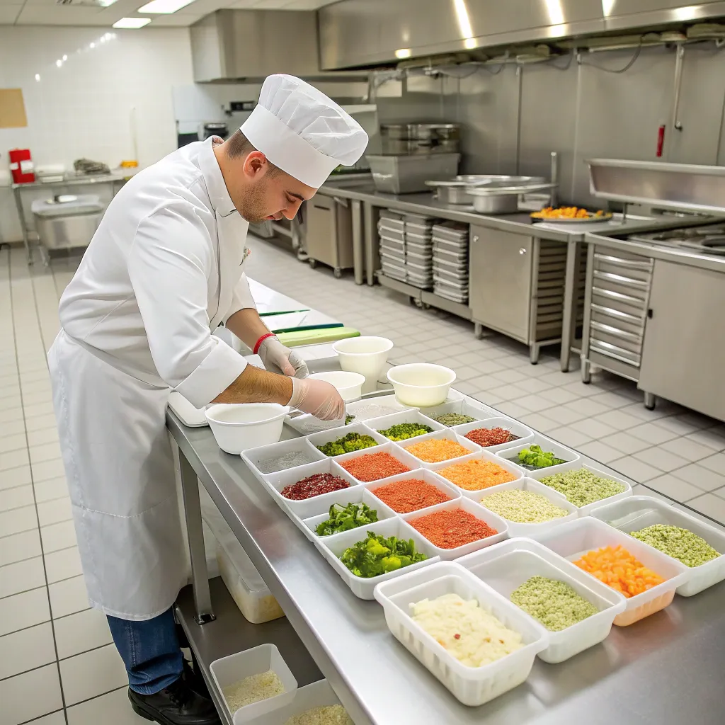 Chef preparing frozen meals in a professional kitchen